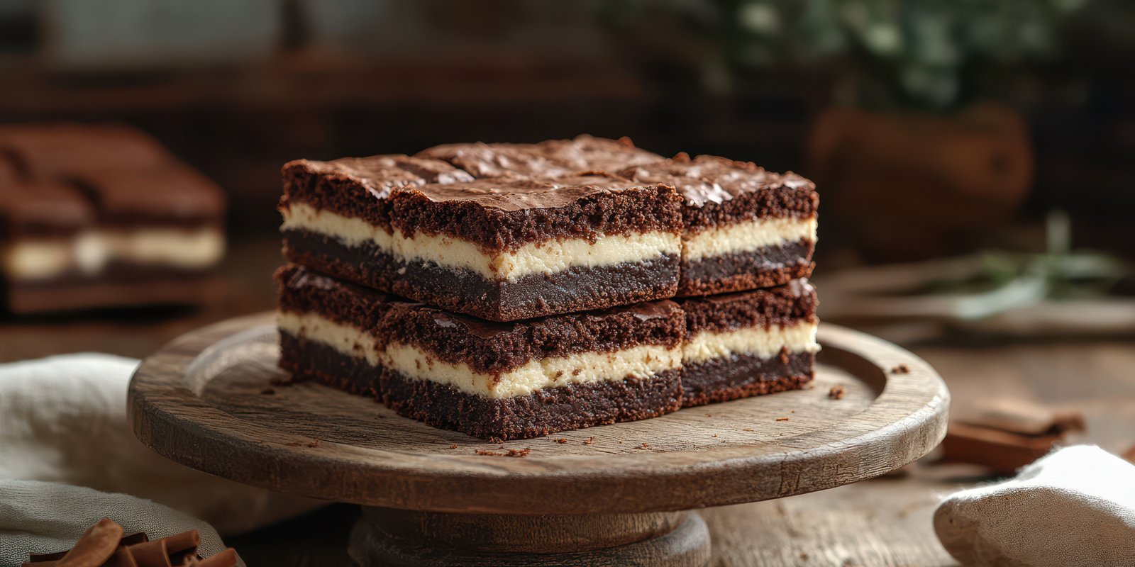 Decadent layered chocolate dessert displayed on wooden serving stand in rustic kitchen setting